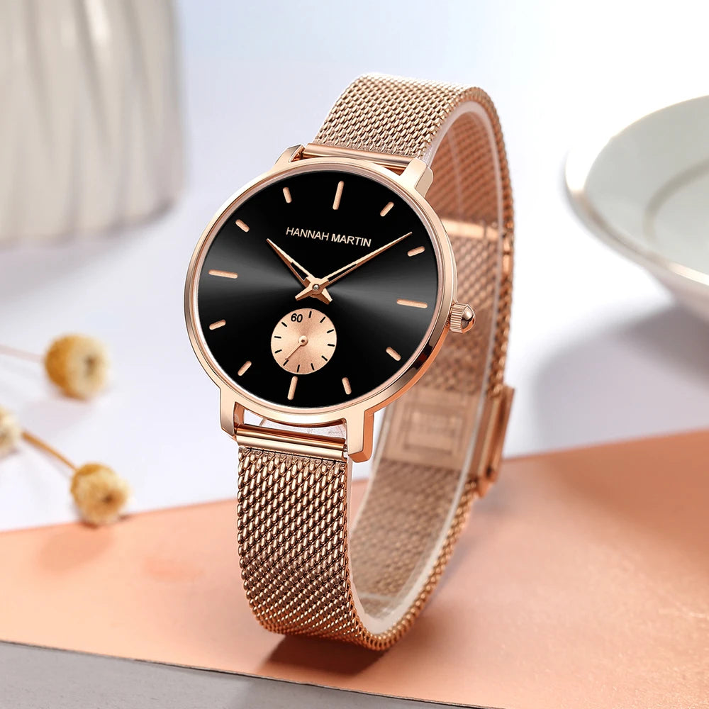 HANNAH MARTIN Top marque femmes montre 1335 synchronisation sous-cadran en acier inoxydable maille mouvement à Quartz or Rose 33mm