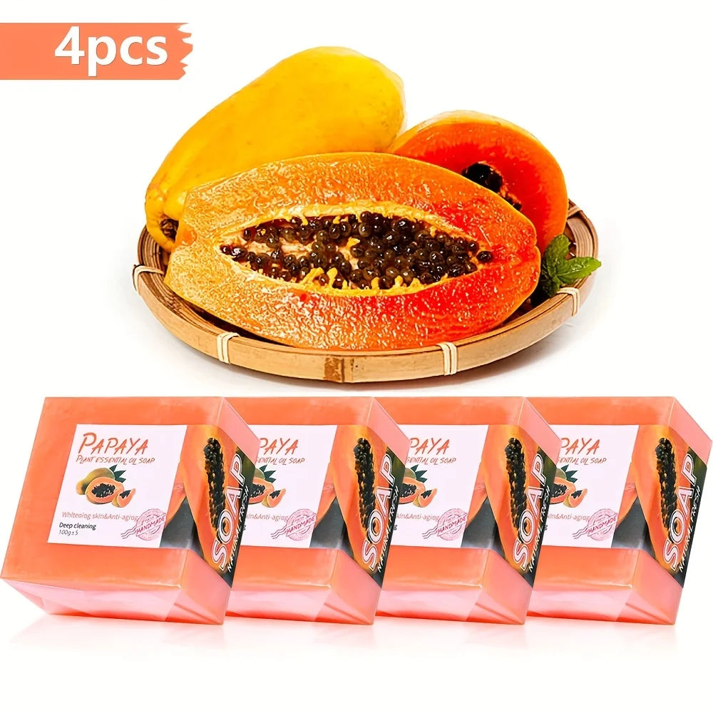 4 pièces/savon à l'huile essentielle de papaye pour le nettoyage du visage naturel hydratant blanchissant Rose Rose fait à la main