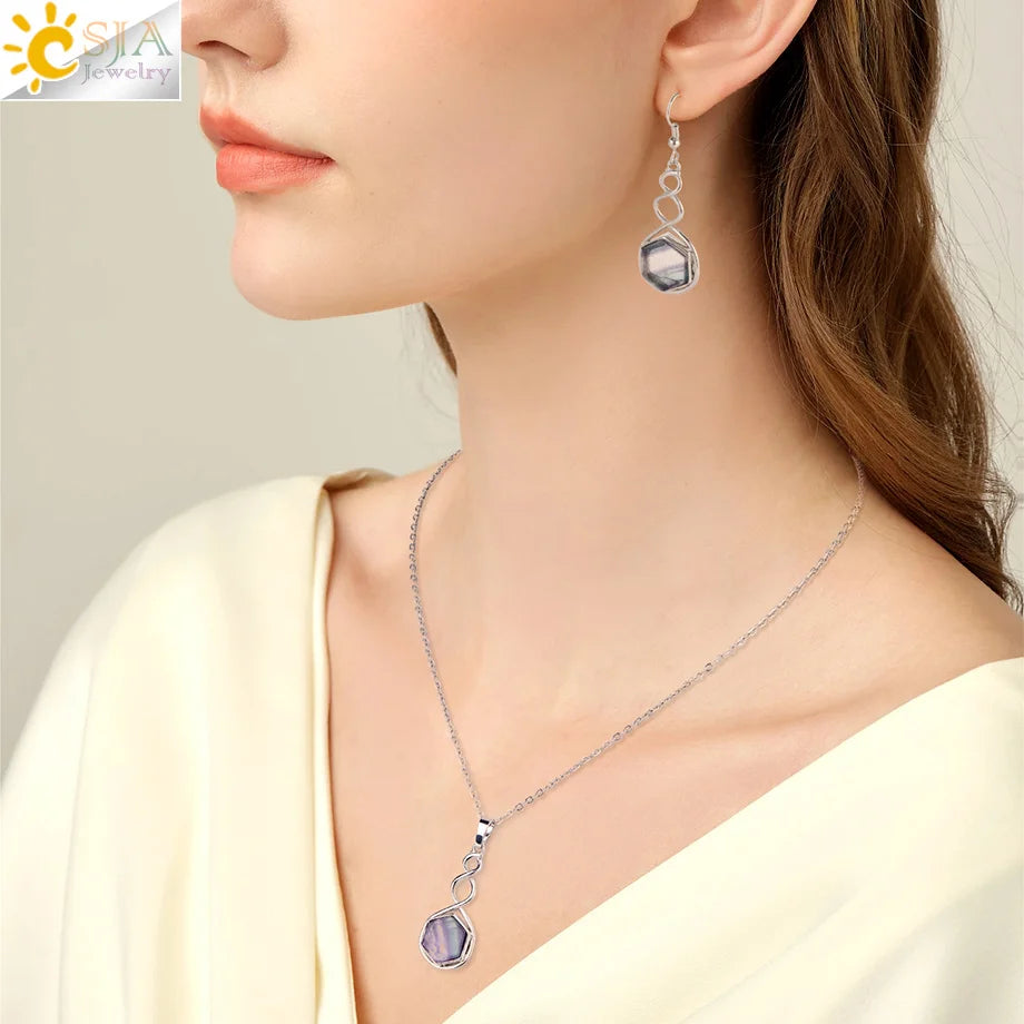 CSAlbaneParure de bijoux en pierre naturelle pour femme, boucles d'oreilles, collier, hexagone, pendentif en cristal, acier inoxydable, accessoires de bijoux, H577