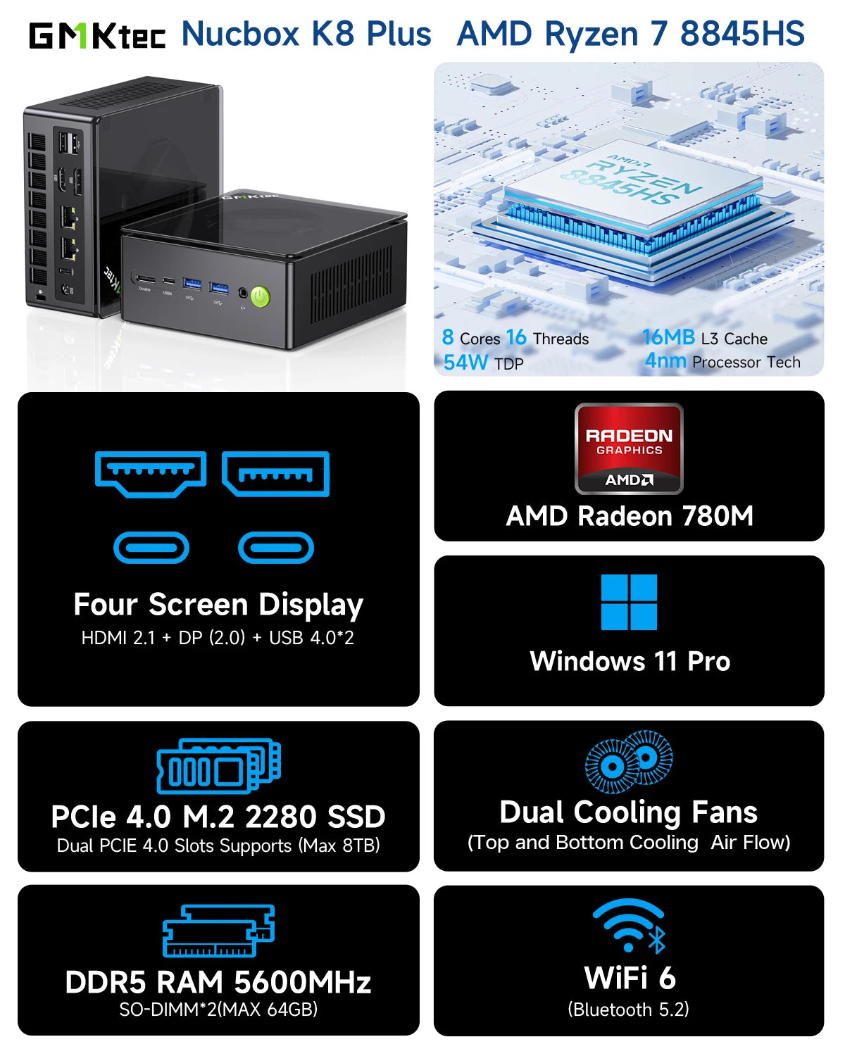 GMKtec K8 Plus Mini PC AMD R7 8845HS 8 cœurs 16 threads DDR5 5600Mhz Pcie 4.0 SSD WIFI6 BT5.2 Win11 Pro ordinateur de jeu de bureau