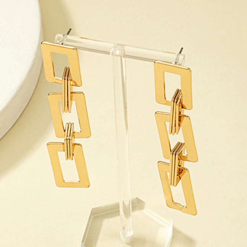 Boucles d'oreilles longues en métal pour femmes, Vintage, creux doré, géométrique, rectangulaire,
