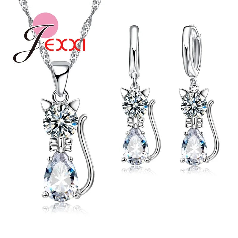 Ensembles de bijoux en argent pour femmes, livraison rapide, fiançailles romantiques, chat mignon, collier, boucles d'oreilles avec cristal autrichien