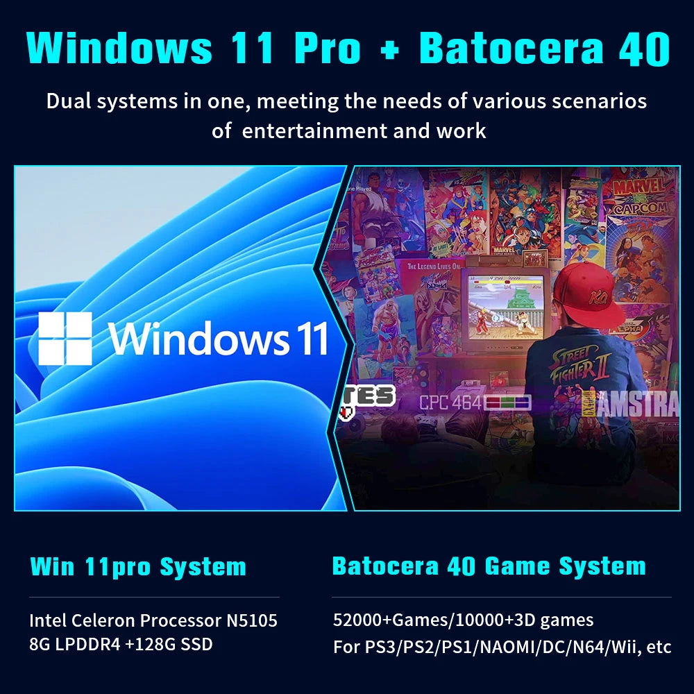 Console de jeu vidéo rétro WIN 11 Pro, Batocera OS N100, MINI PC Box, disque dur 2 To, 52000 + jeux, 80 + émulateurs pour PS3, PS2, PS1, WII