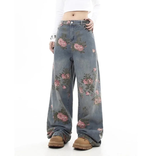 Jean Baggy à fleurs bleues pour femmes Y2K, Harajuku japonais, esthétique, taille haute, jambes larges, pantalon rétro, vêtements 2025