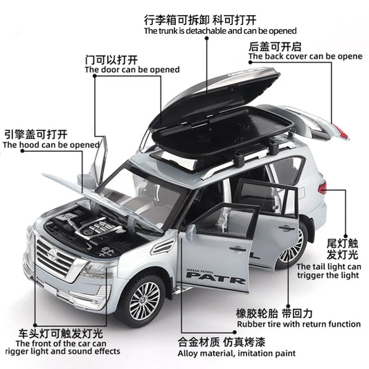 Nissan Patrol – SUV tout-terrain en alliage métallique moulé sous pression, modèle de voiture à retirer, série son et lumière, jouet pour garçons, cadeau d'anniversaire, 1:32
