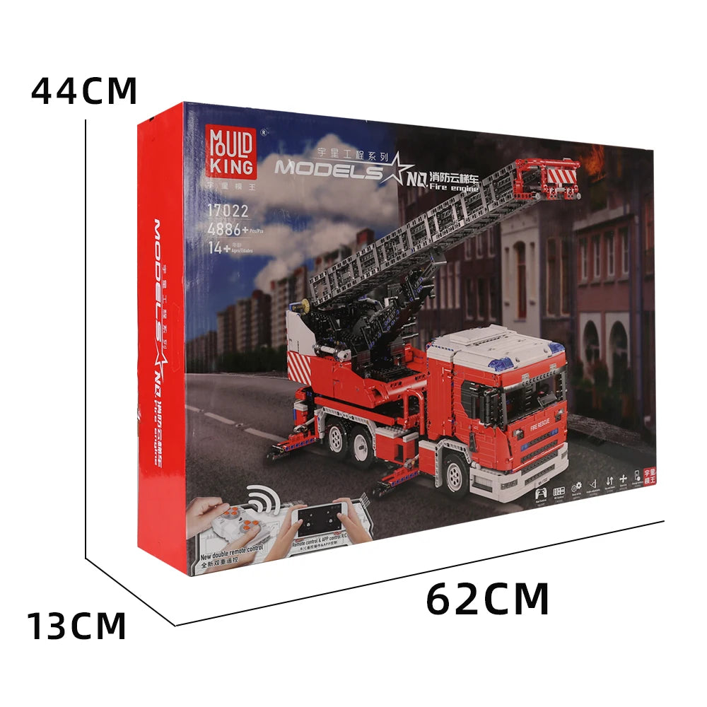 MOULD KING Voiture de Pompiers Motorisé Scania L, Véhicule Technique, Echelle à Plateau Tournant, Ensemble de Blocs de Construction, MOC-60361, Référence 17022