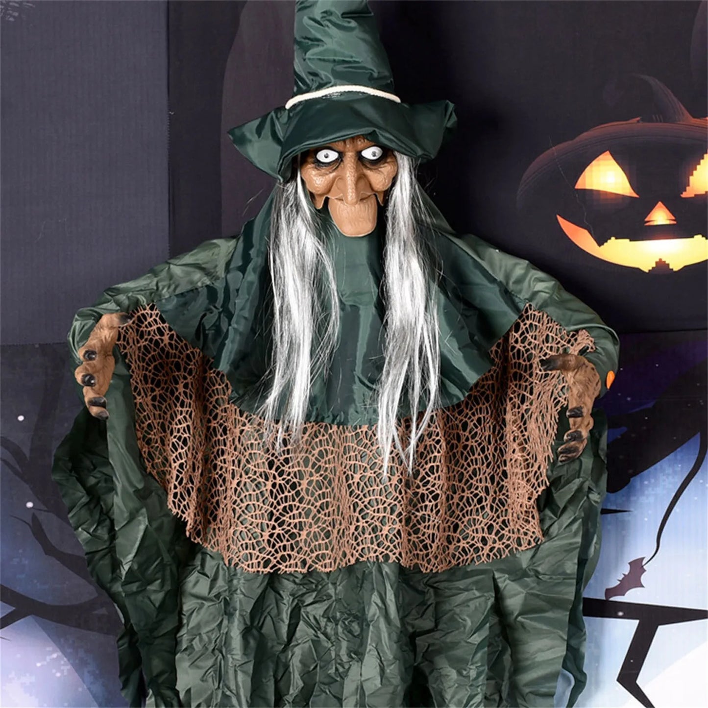 Sorcière parlante d'halloween, sorcière effrayante et effrayante, animatronique, contrôlée par la voix, scintillante, décoration de maison hantée