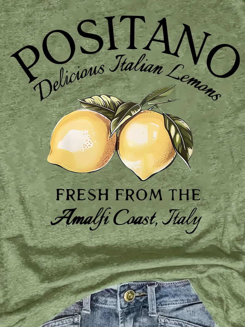POSITANO lettre citron imprimé graphique femmes t-shirt à manches courtes col rond été décontracté hauts pour femmes vêtements