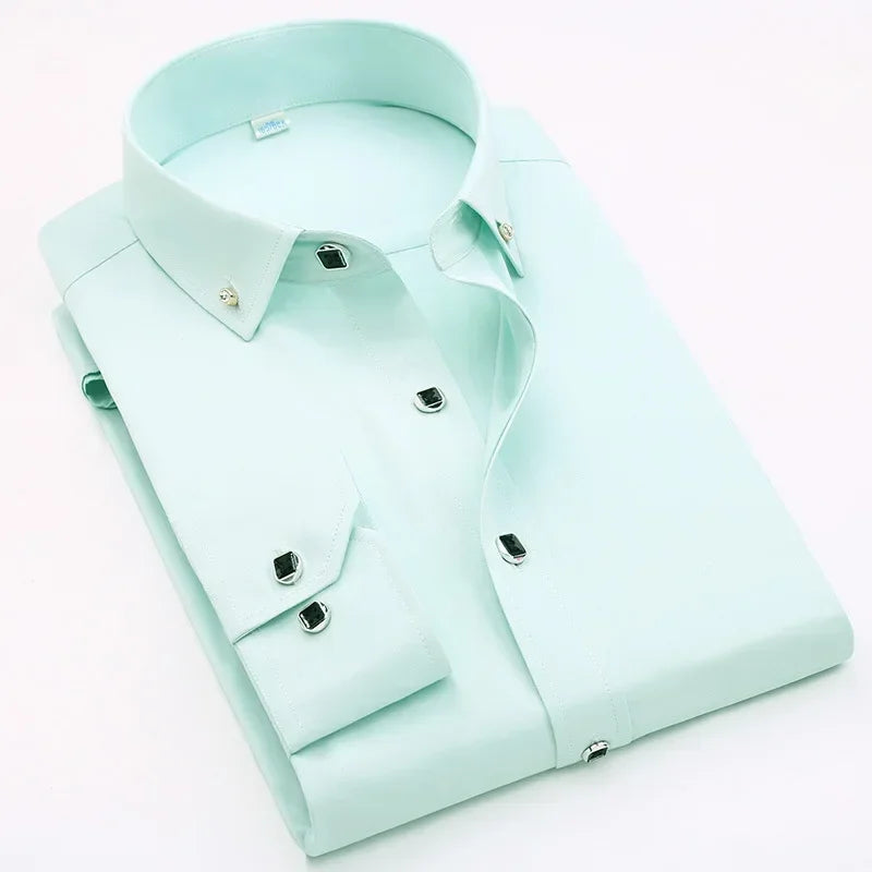 Chemise habillée de luxe pour hommes, bouton en diamant, couleur unie, décontractée, coupe Standard, confortable, douce, manches longues, vêtements pour hommes
