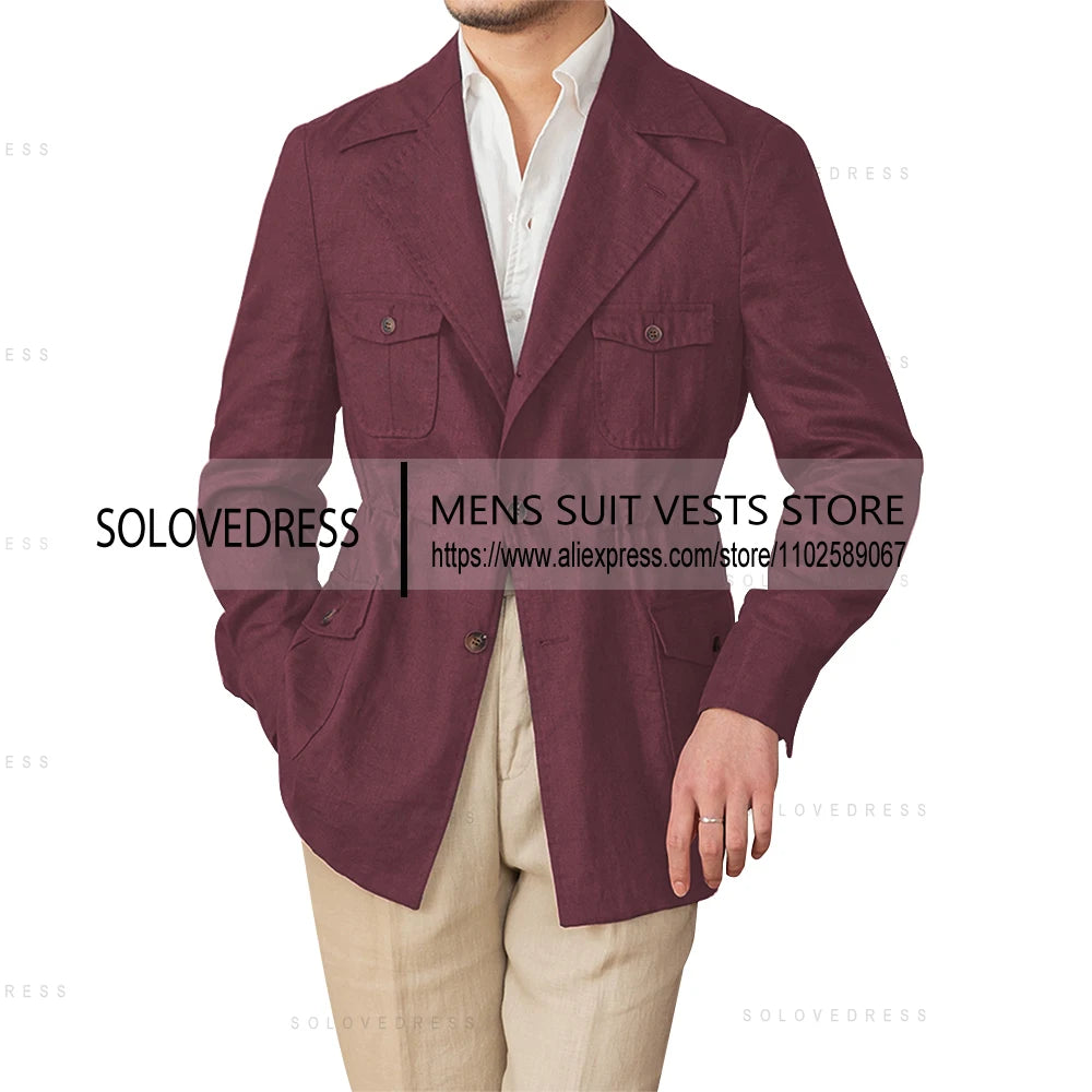 Veste en lin simple boutonnage col à revers coupe ajustée lin costumes pour hommes veste d'été Blazer (juste une veste)