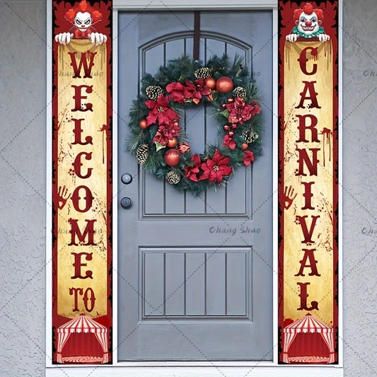 Décorations d'Halloween Effrayant, Porche de Carnaval, "Bienvenue au Carnaval", Design Éclaboussures Sanglantes, Ensemble de Bannières de Clown du Mal LYus