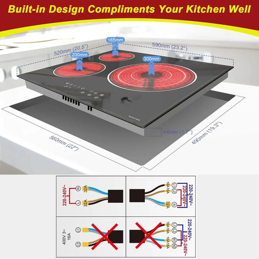 NOXTON Plaque de cuisson en céramique intégrée 3 feux, Table de cuisson électrique en verre cristal noir avec commande tactile, Minuterie, verrouillage pour enfants, 5700w, pas de prise incluse
