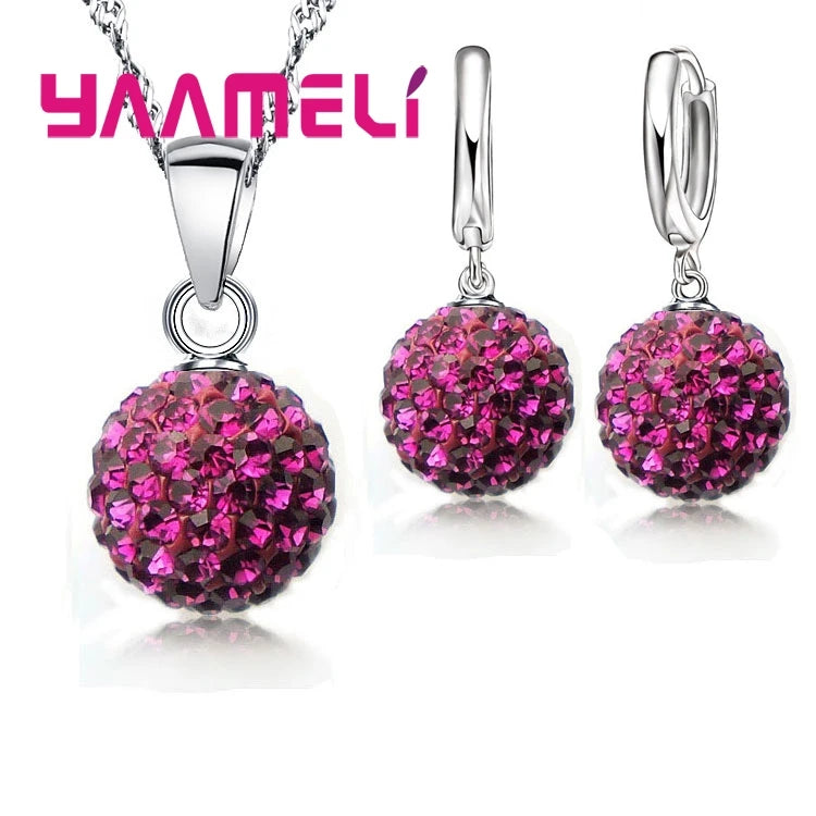 Ensembles de bijoux en argent regardé 925 pour femmes et filles, cadeaux de mariage, cristal autrichien pavé, collier boule CZ Chang, boucles d'oreilles créoles, patients