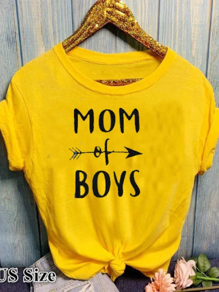T-shirt manches courtes col rond femme, estival et avec lettres imprimées MOM OF BOYS