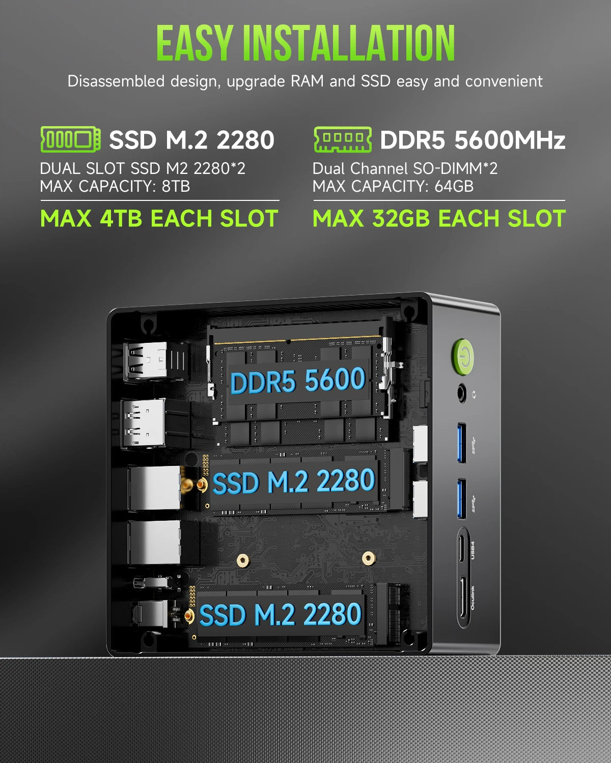 GMKtec-Mini PC Gaming Nucbox K11 AMD Ryzen 9 8945HS, OCuLink 2 x USB 4 2 x DDR5 2 x PCIe 2x2.5G LAN, Ordinateur de bureau RVB, Windows 11, WiFi 6