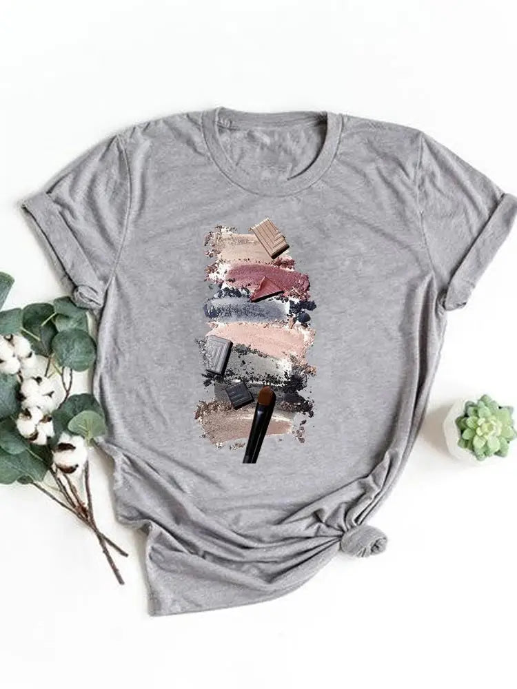 T-shirt manches courtes pour femmes, vêtement basique, haut d'été, maquillage rayé, joli et mignon, imprimé, à la mode, graphique