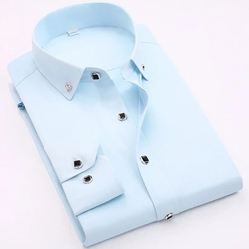 Chemise habillée de luxe pour hommes, bouton en diamant, couleur unie, décontractée, coupe Standard, confortable, douce, manches longues, vêtements pour hommes