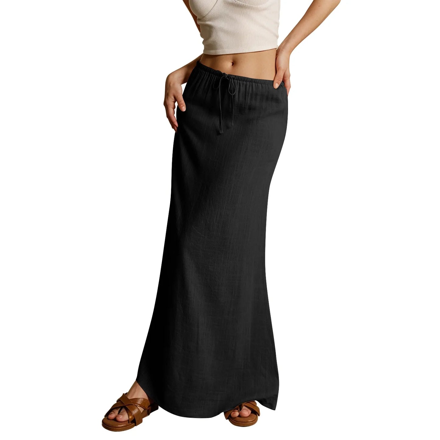 Jupe longue d'été pour femmes, cordon de serrage, taille basse, ligne A, jupe décontractée, taille haute élastique, moulante, longue, jupes pour femmes