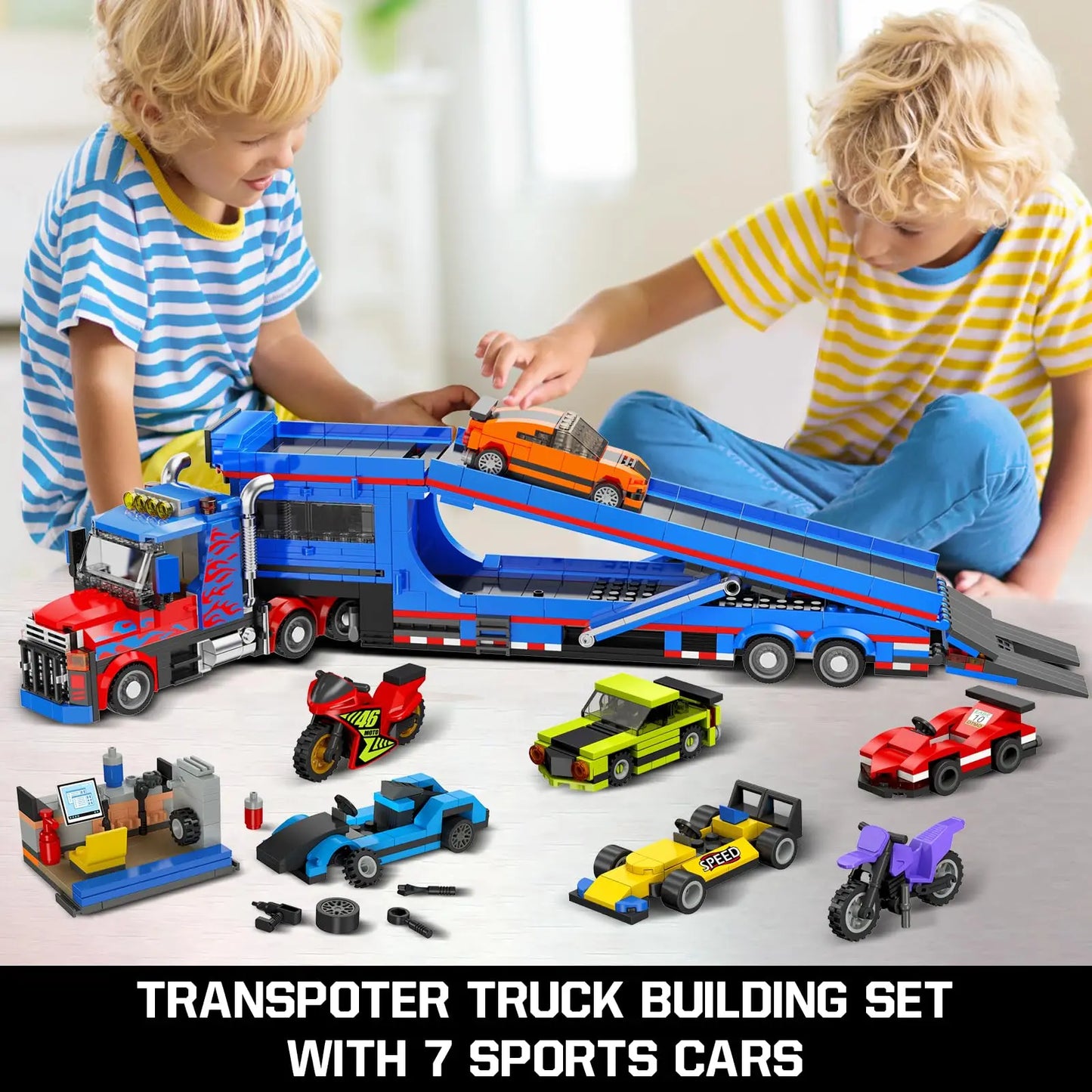 Ensemble de construction de camion transporteur de ville avec 7 voitures, semi-camion de remorquage à rampe de chargement réglable avec remorque transporteuse, jouet cadeaux pour enfants 8 +