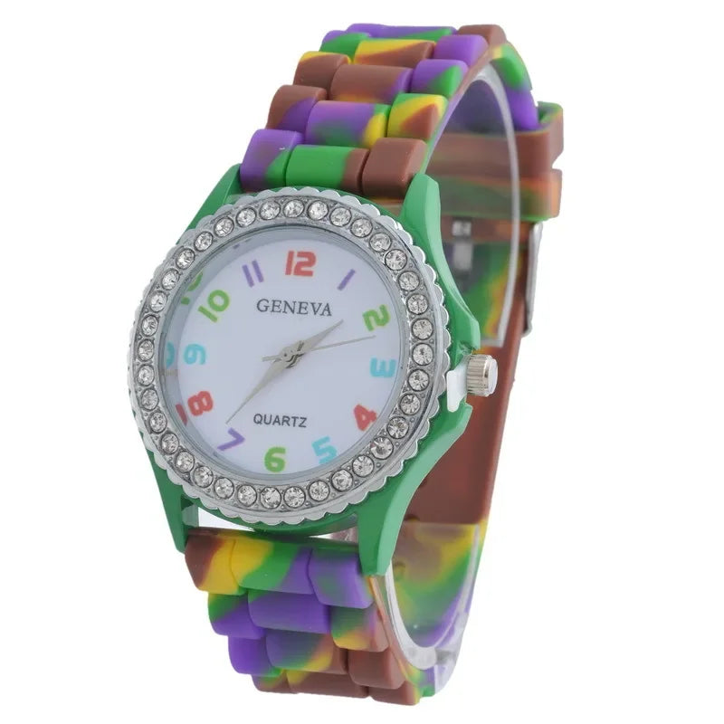 Montres de luxe pour femmes, arc-en-ciel, diamant, quartz, silicone, étanche,