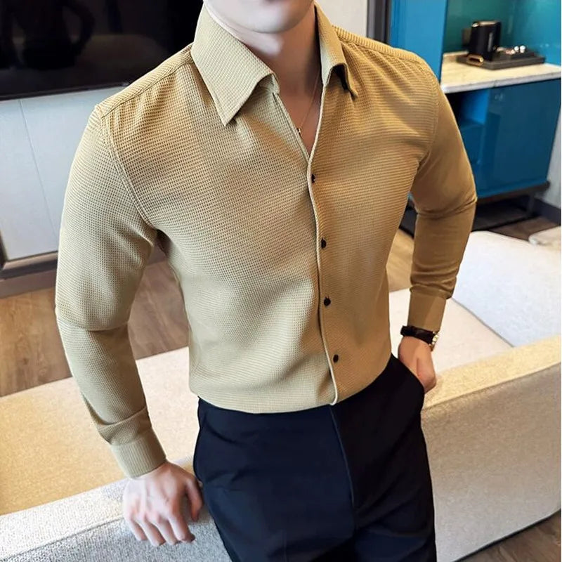 Chemise gaufrée à manches longues pour hommes, coupe couvertes, col en V, monochromatique, affaires décontractées, robe formelle, fête sociale, streetwear, 4XL, automne