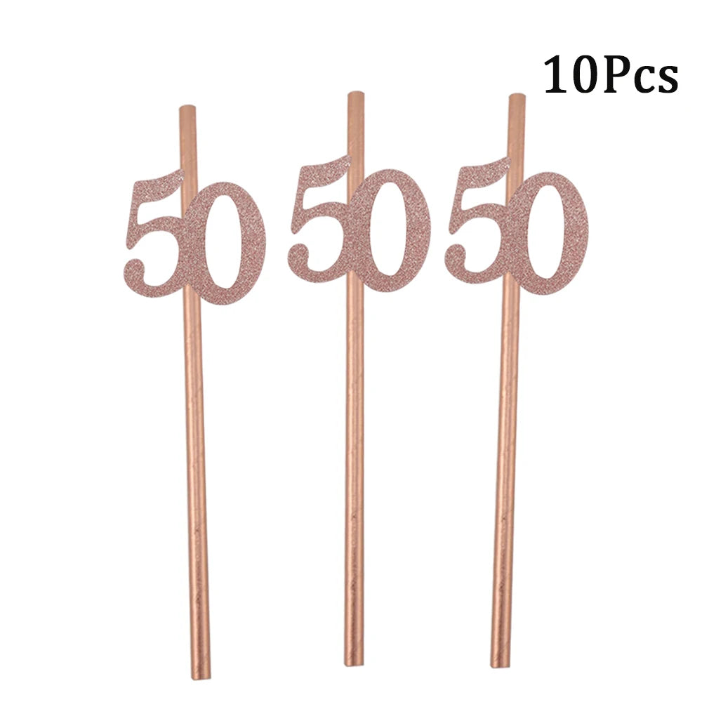 Pailles en papier à rayures dorées, 1 sac, numéro 30e 40e 50e 60e, lunettes à ceinture, pailles à boissons joyeux anniversaire pour adultes, décoration de fête en ballon