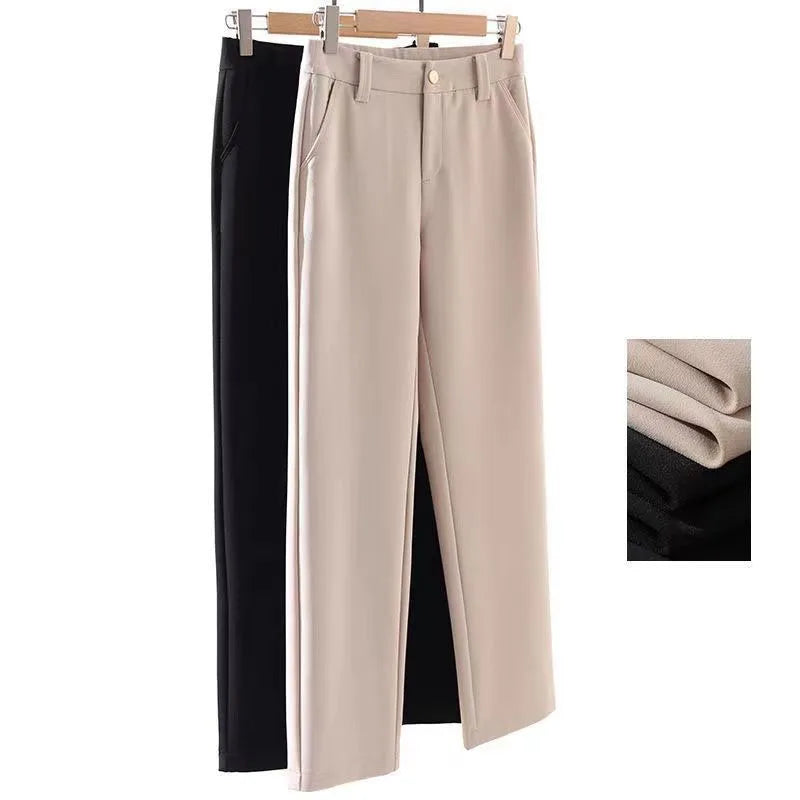 Pantalon de bureau pour femmes, coupe droite, ample, couleur unie, bouton assorti, fermeture éclair, taille haute, poches, crayon, printemps automne