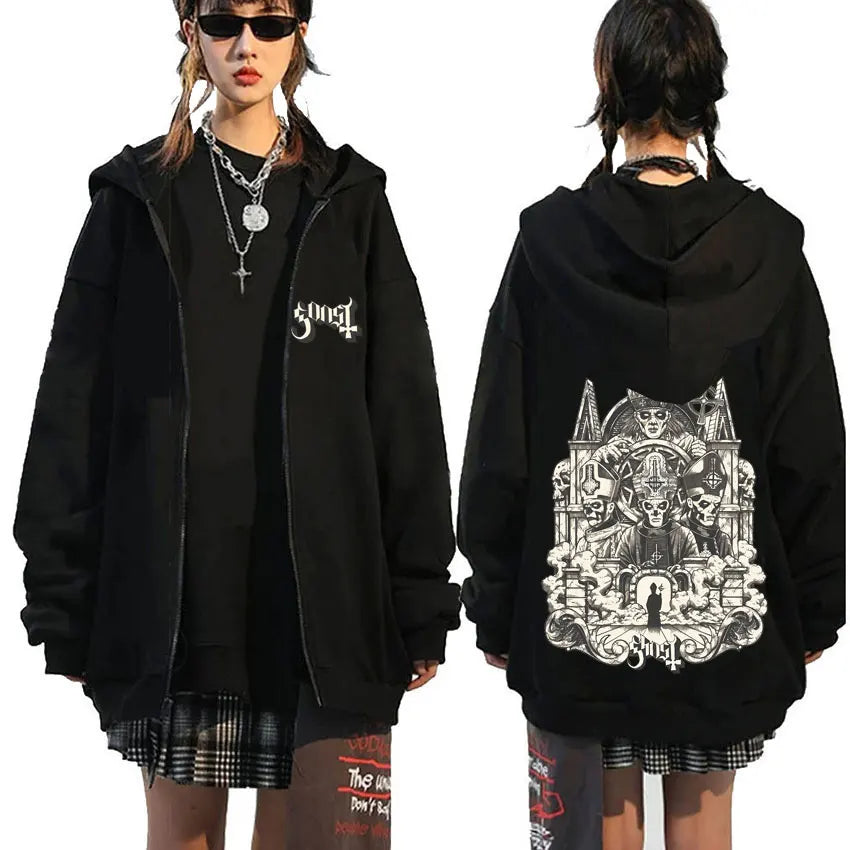 Mesurost Band Zipper Hoodie pour hommes, Hip Hop Respzed Fashion, Cartoon Anime Graphic Print, Zip Up Hoodies, Rock Gothic, PVD