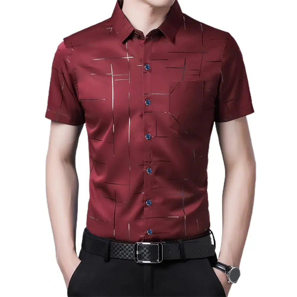Chemise Soyeuse à Manches Courtes pour Homme, Tenue d'Affaires, Col Rabattu, Décontractée