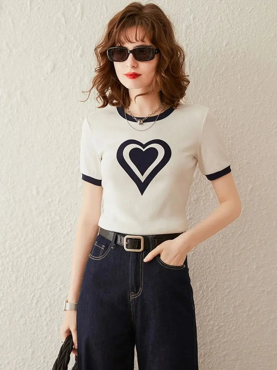 Modiis Yao-T-shirt manches courtes col rond femme, estival et décontracté, avec cœur imprimé, 2024