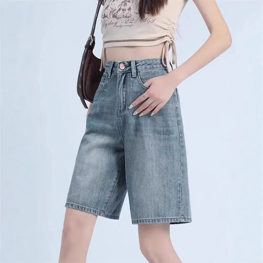 Short en Denim à cinq points pour femmes, minimaliste, taille haute, à la mode, fin, jambes droites, jambes larges, mi-longues, nouvelle collection été
