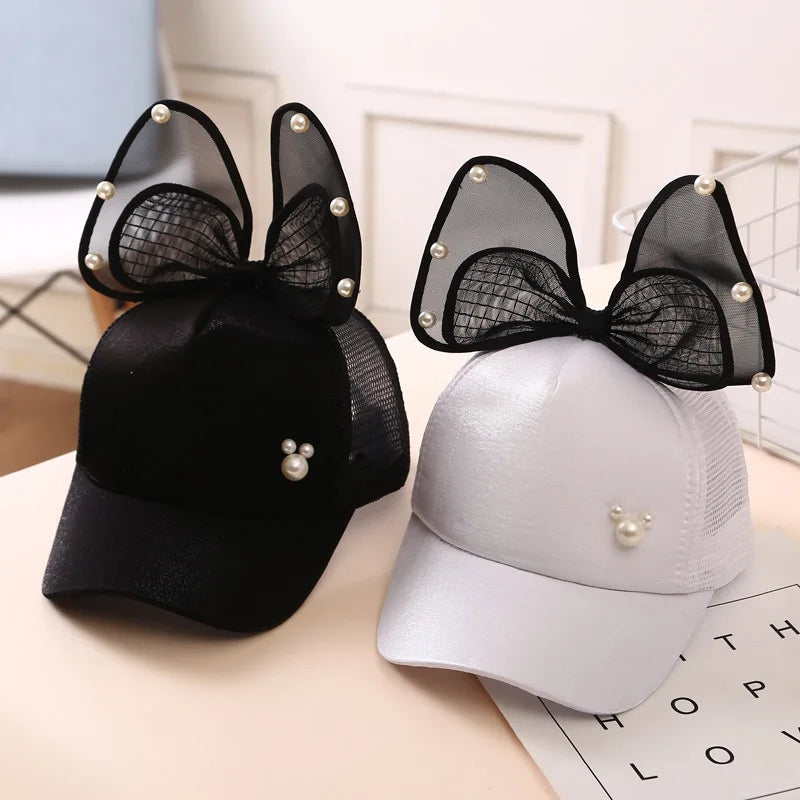Casquette de baseball avec nœud papillon doux pour filles, grande maille, casquette à visière pour bébé, coton réglable, chapeaux de soleil pour tout-petits, été