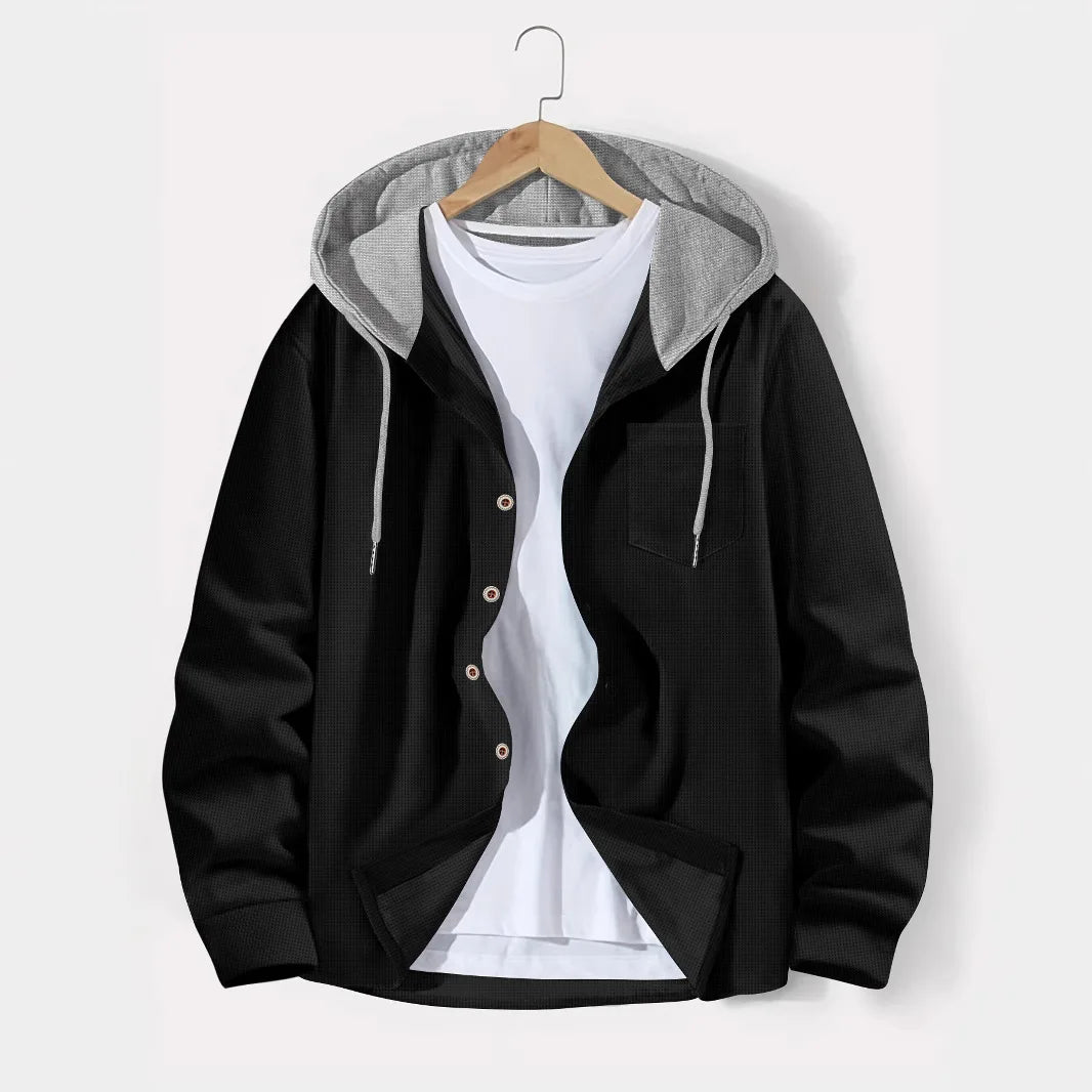 2025 printemps et automne hommes gaufre treillis couleur boutonnage à capuche cardigan décontracté manteau nouvelle mode lâche sports de plein air haut pour hommes