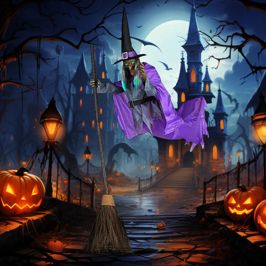 Accessoires d'Halloween avec sons et lumières terrifiants, olympiques amusants, balai de sorcière effrayant volant, décor de magicien pour jardin, cour, pelouse intérieure