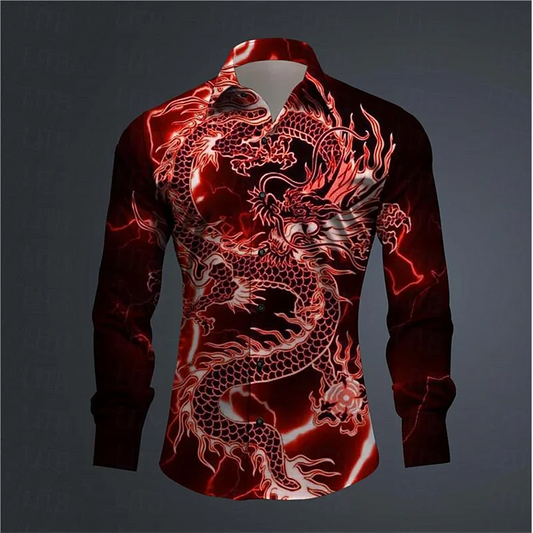 Chemise à manches longues imprimée en 3D abstraite pour hommes, haut à revers confortable, culture du dragon, tendance de la mode, tenue quotidienne