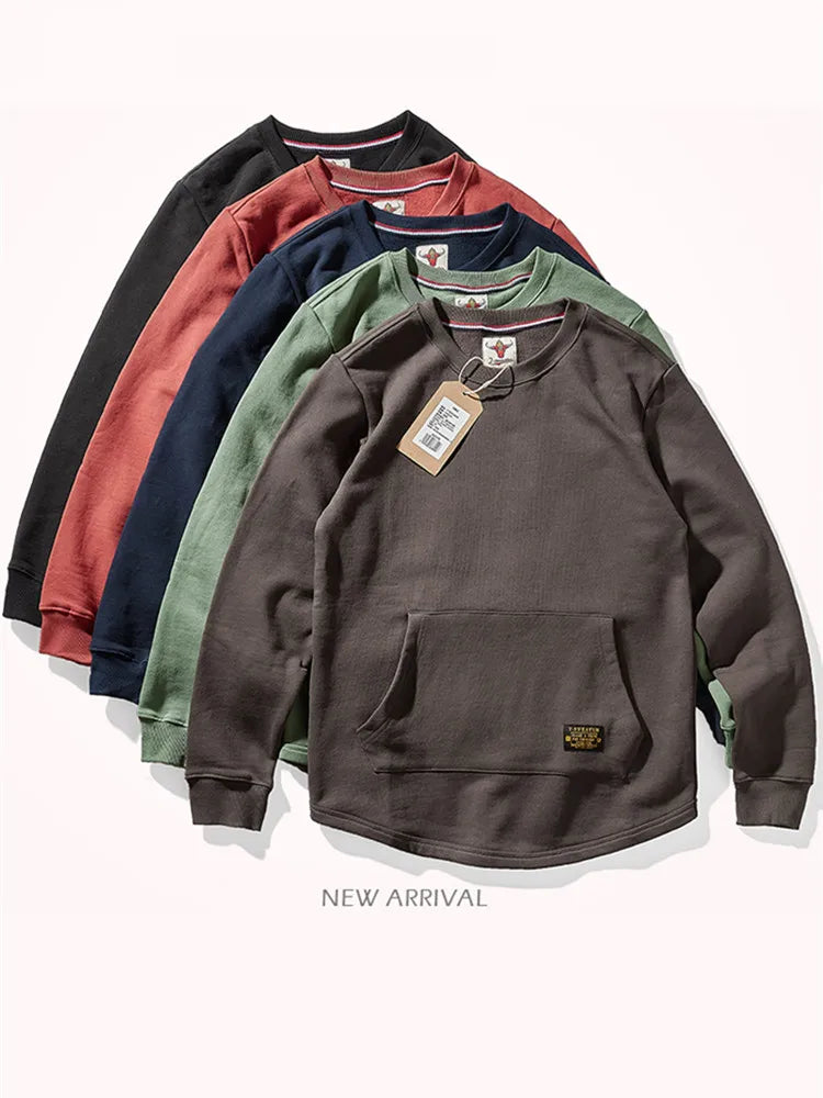Sweat-shirt kangourou en velours pour homme, nouveau, rétro américain, lourd, poches, Simple, pur coton lavé, vêtement de sport décontracté, automne et hiver