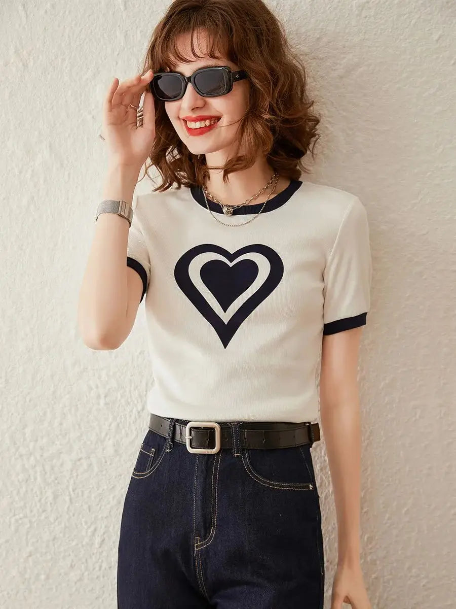 Modiis Yao-T-shirt manches courtes col rond femme, estival et décontracté, avec cœur imprimé, 2024