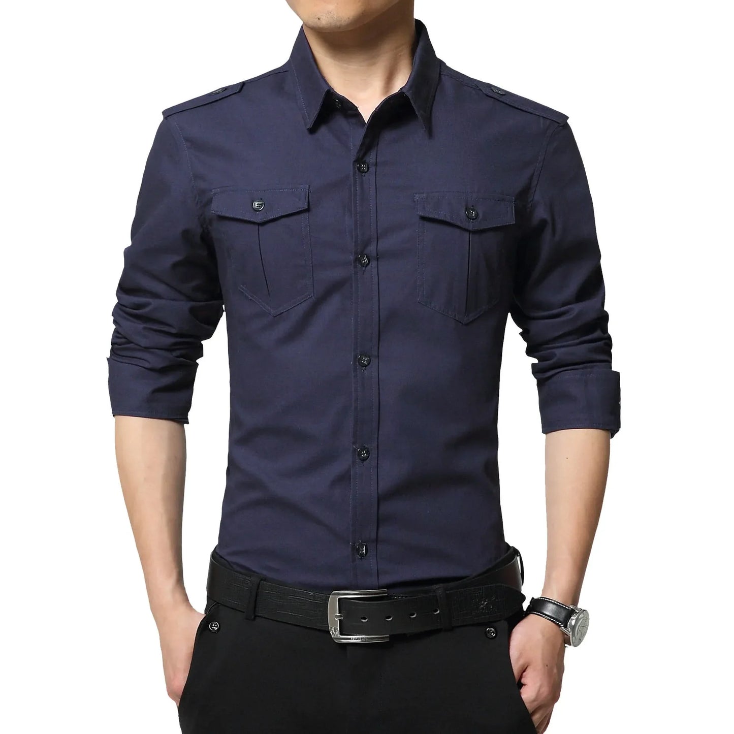Chemise slim à manches longues de style militaire pour hommes, épaulette en coton, double poche, chemise décontractée, nouveau, 2025