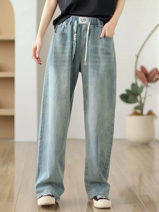 Jean élastique taille haute pour femme, pantalon en denim bleu, jambe large, droit, proximité, décontracté, printemps, automne, 8039