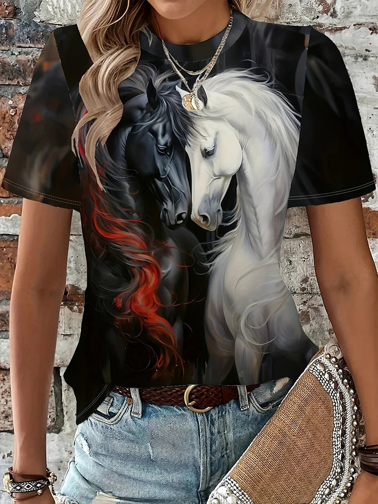 Été quotidien décontracté femmes à manches courtes haut 3D cheval imprimé femmes rue urbaine mode T-shirt amoureux des animaux T-shirt