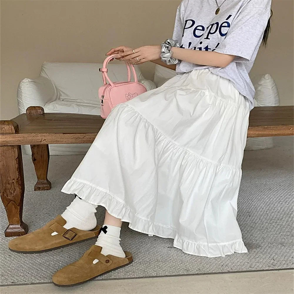 Jupe longue blanche en coton taille haute pour femmes, jupes de gâteau, mode coréenne, doux, simple, adt, ligne A, nouveau, été, 2024