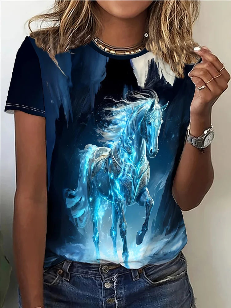 Été quotidien décontracté femmes à manches courtes haut 3D cheval imprimé femmes rue urbaine mode T-shirt amoureux des animaux T-shirt