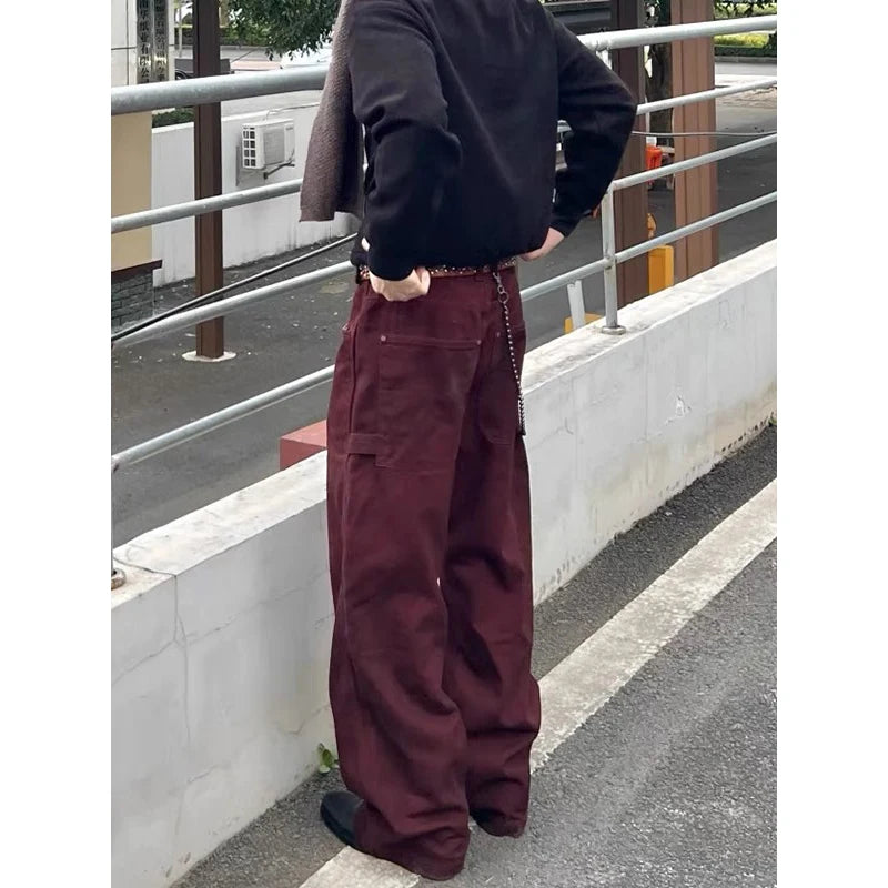 Jean Baggy rouge foncé pour hommes, pantalon de Cowboy Vintage, Harajuku, Streetwear esthétique, pantalon en Denim, vêtements de Style Y2k des années 2000, 2025