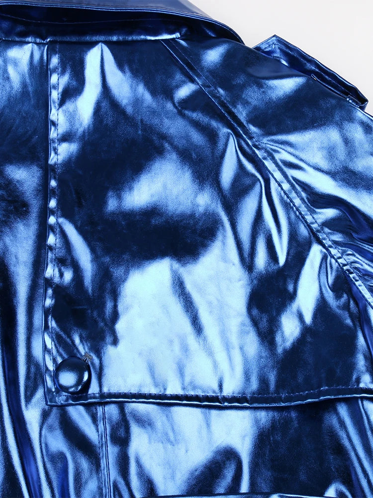 Nerazzurri-Manteau Long en Cuir PU pour Femme, Manteau Cool et Beau, Bleu Brcorporelle, Moulé, Verni, Ceinture, Mode Européenne, Printemps et Automne