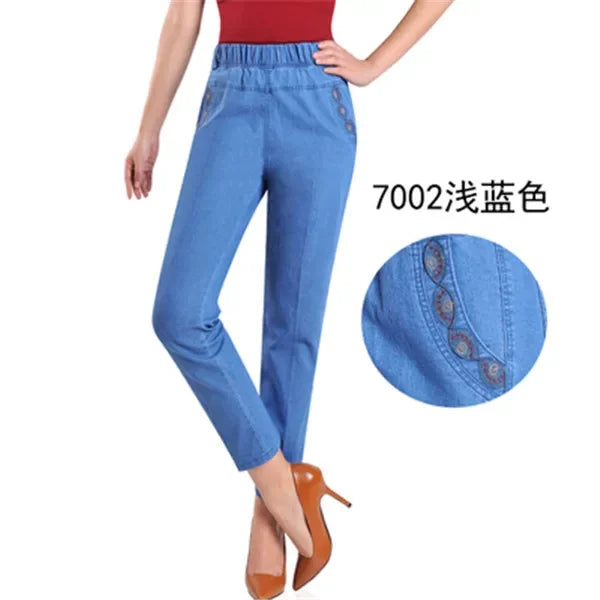 L-5XL Jeans Femme Printemps Été Nouvelle Broderie Neuf Denim Pantalon Slim Taille Haute artificiel asticité Casual Femmes Cowboy Pantalon H450