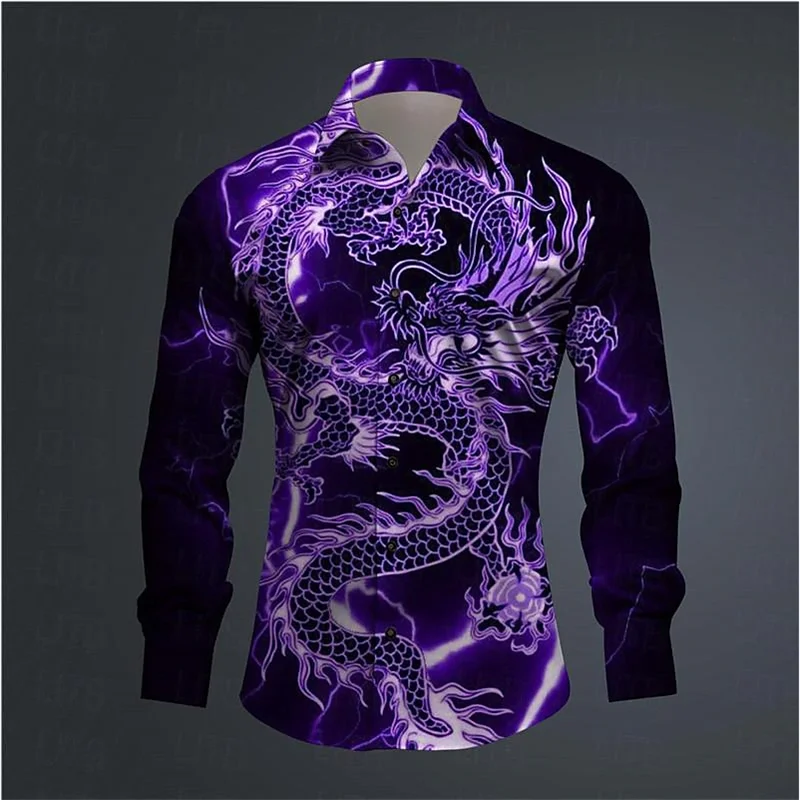 Chemise à manches longues imprimée en 3D abstraite pour hommes, haut à revers confortable, culture du dragon, tendance de la mode, tenue quotidienne