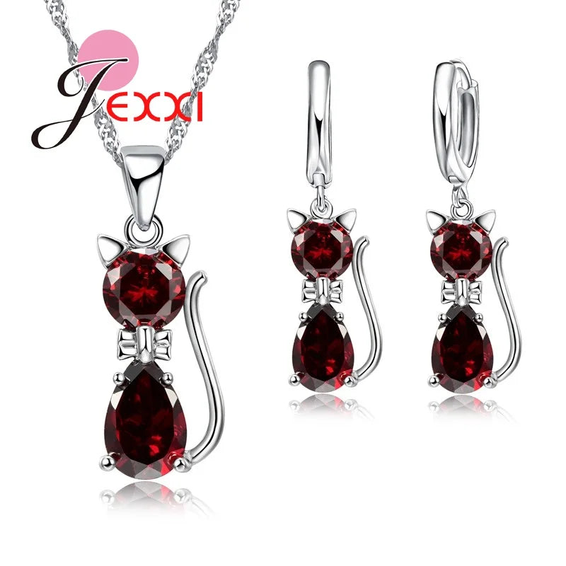 Ensembles de bijoux en argent pour femmes, livraison rapide, fiançailles romantiques, chat mignon, collier, boucles d'oreilles avec cristal autrichien