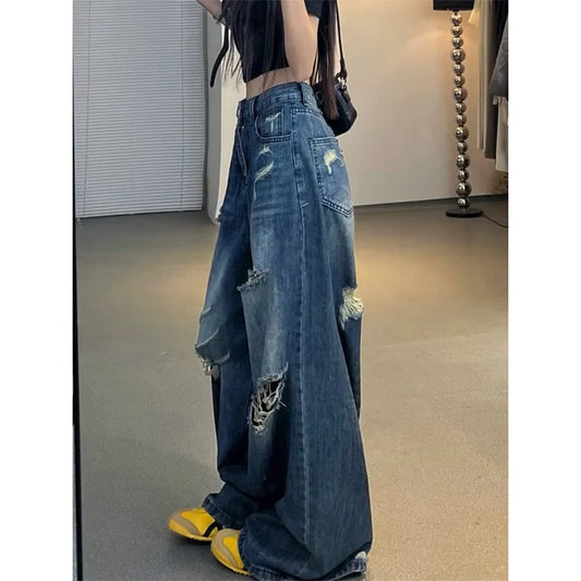 Jean en Denim délavé rétro américain pour femmes, Design ample, jambes larges, bleu noirci, Style Hip Hop