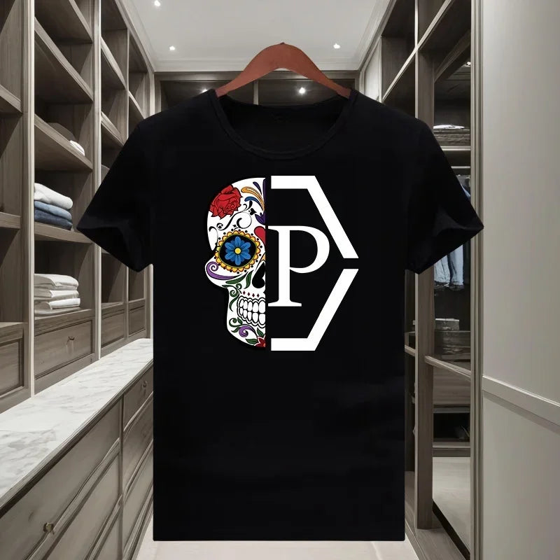 Classique à la mode marque demi crâne fleur imprimé hommes et femmes 2025 nouveau T-shirt à manches courtes col rond