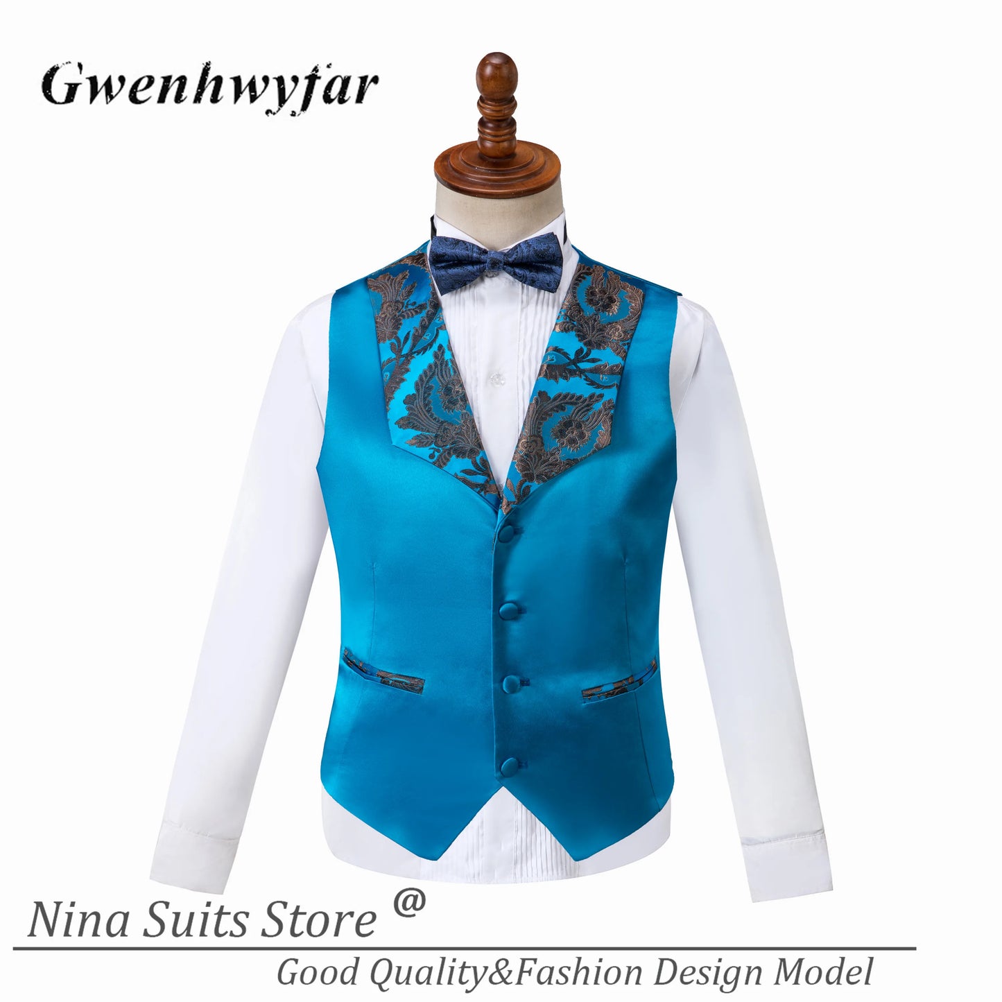 G & N-Smokings de soirée pour homme, ensemble 3 pièces, blazer sur mesure, revers Patricia, un bouton, bleu lac, brume dorée, zones florales, luxe, 2025